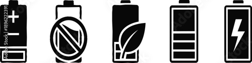 Black and White Battery Status Icon Set with Eco Leaf, Lightning Bolt, and Prohibited Symbols for Mobile UI Design and Renewable Energy Management Systems