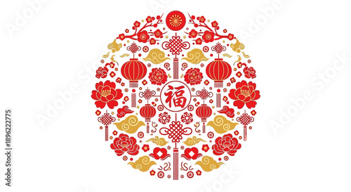 Vibrant Chinese New Year decoration with koi fish and prosperity symbols
