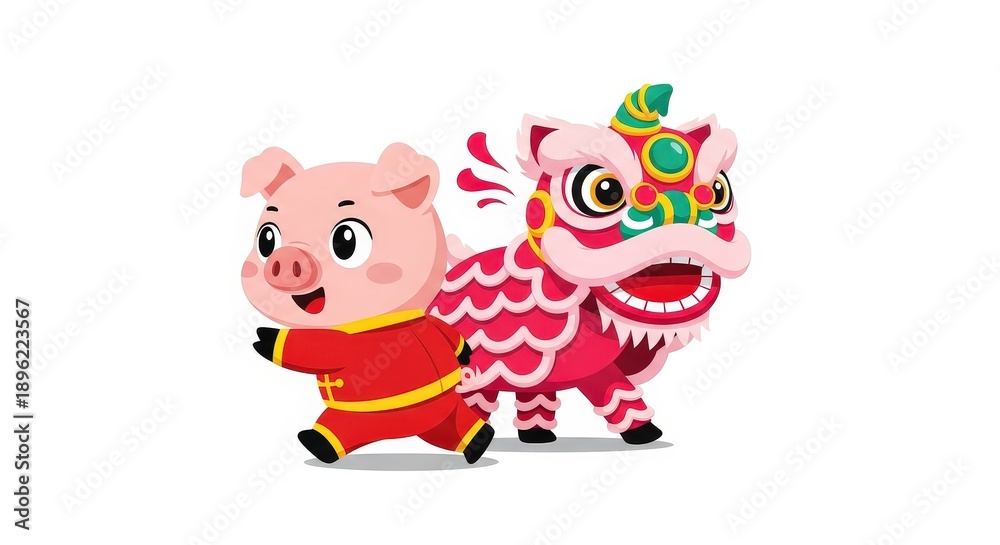 Fototapeta premium Cute Cartoon Piglet with Colorful Lion Dance Costume for Festival Celebration