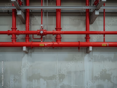 Bright red fire sprinkler pipe system with yellow warning tags mounted high on a light gray factory wall with steel supports. Generative AI