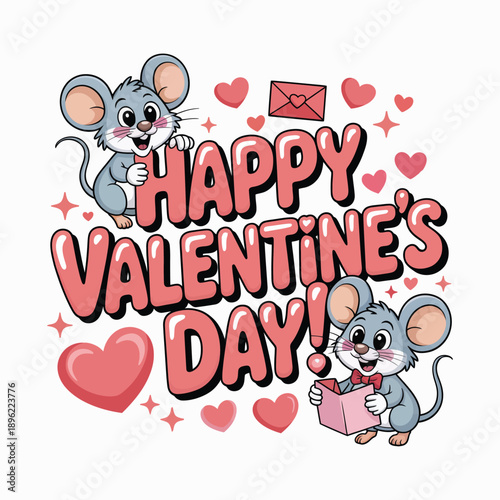 Happy Valentine’s Day Cute Mouse Cartoon with Hearts – Love Letter Typography