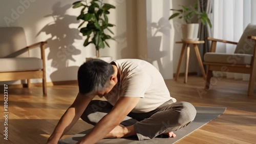 Middle aged man practicing yoga indoors in natural sunlight on a mat