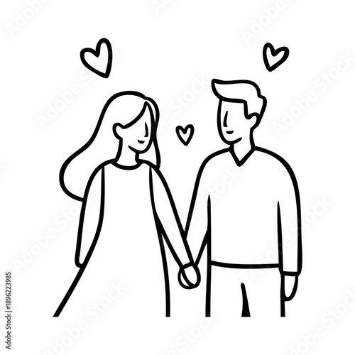 Día de San Valentín. Dibujo sencillo de una pareja feliz cogida de la mano rodeada de corazones 