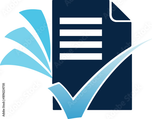 Document with checklist and checkmark, symbolizing approval, success, and completion, modern blue and light blue design with sweeping curves and data lines