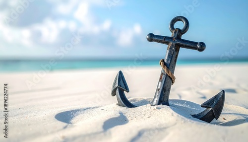 A heavy metal ship anchor is slowly sinking into fine white sand on a tropical beach with a blue ocean and sky in the background