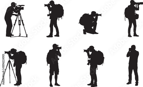 Black Silhouette Vector Set of Professional Photographers and Videographers Using Cameras Tripods and Backpacks for Media Production Journalism Wedding and Travel Photography Graphic Designs