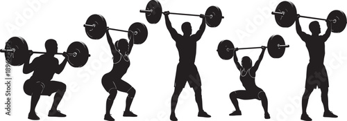 Black Silhouette Vector Set of Professional Weightlifters and Bodybuilders Performing Squats Snatch and Overhead Press Exercises for Gym Fitness and Strength Training Graphic Design Projects