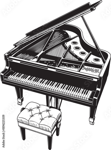 Grand piano with stool vector illustration of musical instrument classical music equipment for concert performance isolated on background art