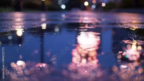 Evening reflections city lights and wet pavement abstract