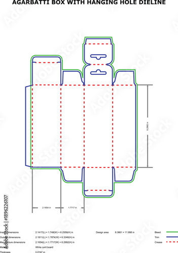 A technical drawing of an agarbatti box with a hanging hole dieline