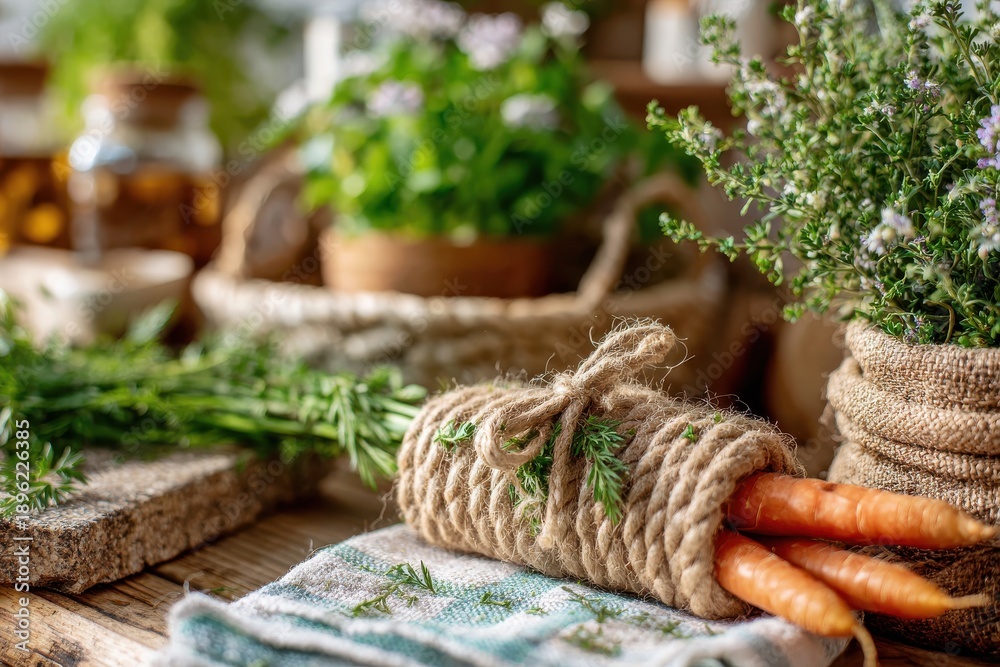 Fototapeta premium Fresh organic carrots wrapped in natural twine with herbs, displaying rustic kitchen decor and vibrant green plants on a warm wooden table setting.