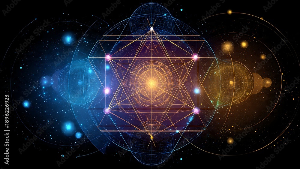 Obraz premium Glowing Sacred Geometry Mandala with Vector Elements and Cosmic Background