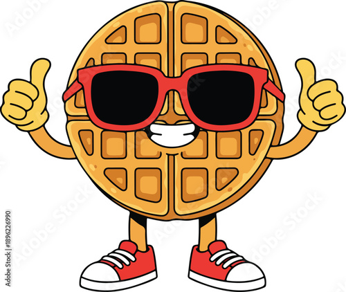 Cool waffle cartoon giving thumbs up gesture while wearing stylish sunglasses and sneakers