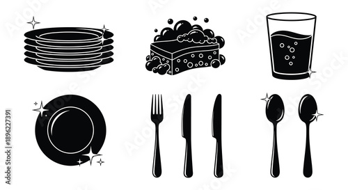Clean dishes glassware and cutlery icons in a stark black silhouette