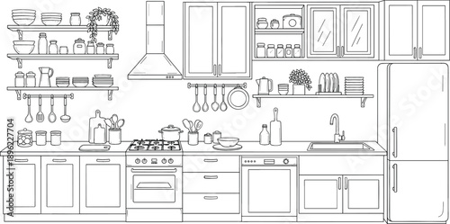 Detailed line art vector of modern kitchen interior with stove refrigerator cabinets and shelving for home renovation and cooking