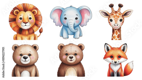 Cartoon animals in a line up isolated on transparent background.