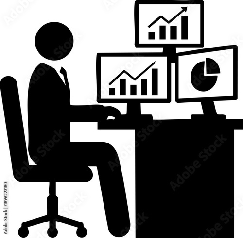 Data analyst at desk silhouette isolated on white background minimalist person with multiple monitor screens and graphs illustration