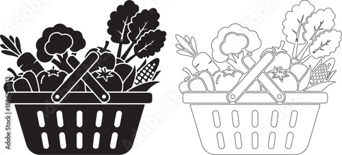 Isolated Black Vector Graphic of Shopping Basket with Fresh Vegetables, Silhouette and Line Art Icons isolated PNG with Transparent Background