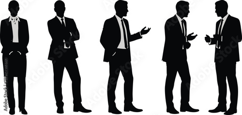 Professional business people silhouettes in suits standing and talking, corporate team networking, office workers group, executive meeting vector illustration
