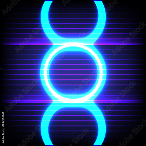 Futuristic neon ring abstract with blue glow and with horizontal purple light streaks on black background