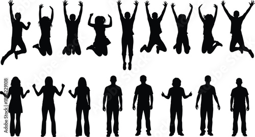 Black silhouettes of people jumping and standing with raised arms isolated on white background expressing joy, celebration, freedom and positive energy