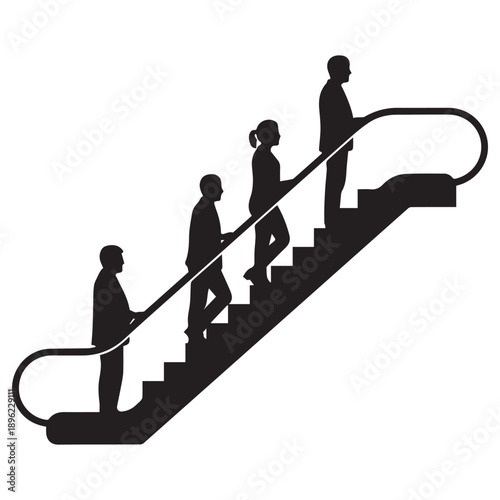 People riding an escalator shown in a stark black silhouette