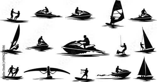 Black water sports silhouette set with jet ski, windsurfing, sailing and surfing, isolated on white background
