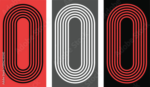 Concentric oval vector set with red, gray, and black backgrounds — geometric symmetry and contrast for abstract design concepts.