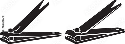 Pair of black nail clippers shown open, symbolizing grooming, personal care, hygiene, and manicure tools. Clean and simple vector art.
