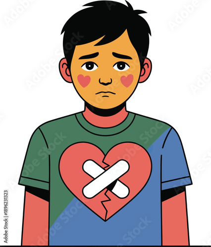 Cartoon-style vector of sad person with patched heart symbol — emotional healing, heartbreak, and recovery concept illustration.

