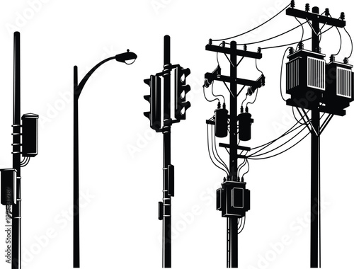 Urban infrastructure utility poles, street light silhouette, traffic signals and power line transformers vector set,