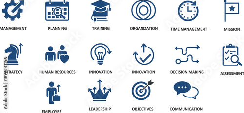 Professional Business Management and Corporate Strategy Icons Set for Strategic Planning, Leadership Development, Human Resources, and Organizational Growth Success