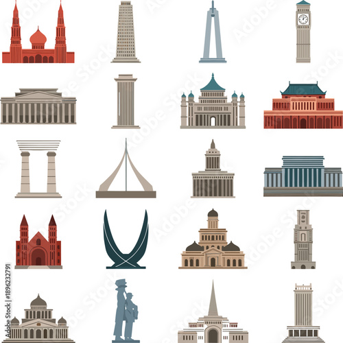 Indian famous monuments and landmarks flat vector icon set featuring historical architecture and cultural heritage buildings in minimalist style. Indian famous monuments and landmarks flat vector icon