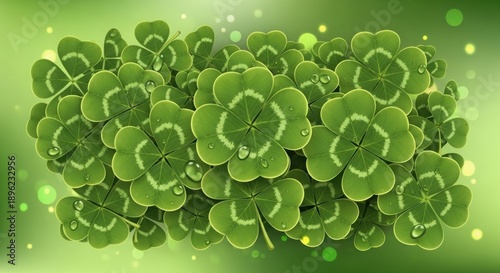 A lush cluster of green clover leaves with water droplets on a vibrant background