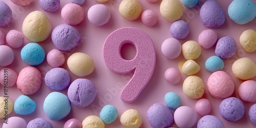 Delicate Pink and Pastel Sweet Candies Celebrating a Ninth Birthday with Number Nine Decoration