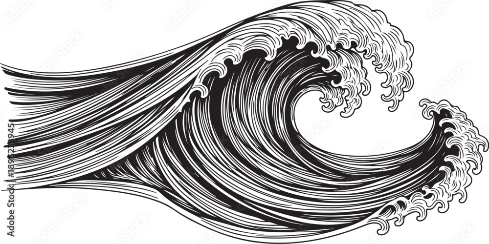 Fototapeta premium Monochromatic illustration of a large ocean wave crashing strongly