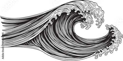 Monochromatic illustration of a large ocean wave crashing strongly
