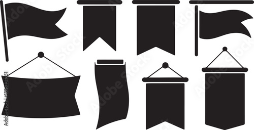 Flag and Banner Silhouettes Set Black Vector Collection Pennant Ribbon, Silhouette Vector