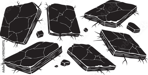 Cracked and broken black stones on white background illustration