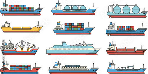 Cargo ship and vessel set showing container tanker bulk cruise fishing ships flat vector illustration for maritime transport shipping logistics industry design