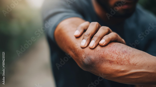 Person's hand scratching an arm with red, dry, and inflamed skin, showing symptoms of eczema or dermatitis
