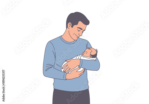 Man cradling a sleeping newborn baby wrapped in a white blanket