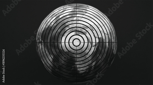 Gray sphere with black concentric circles on dark background