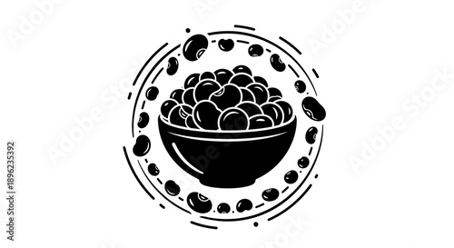 Black silhouette illustration of a bowl of beans, peanuts, and soybeans for World Pulses Day, symbolizing nutrition and vegetarian diet.
