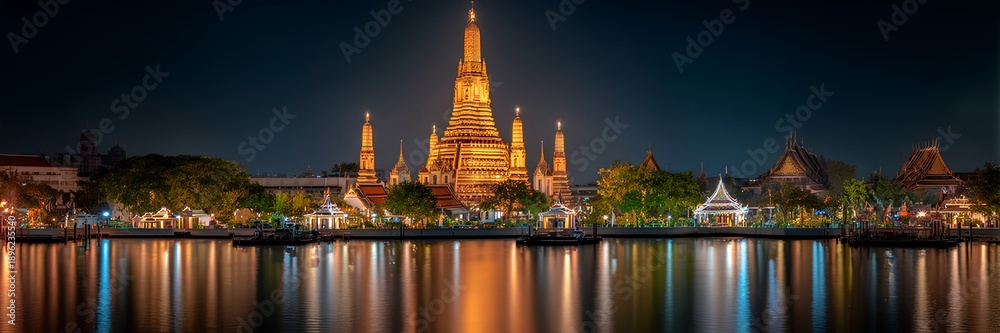 Fototapeta premium Wat Arun temple at night panorama with river reflections and illuminated Bangkok skyline, Thailand