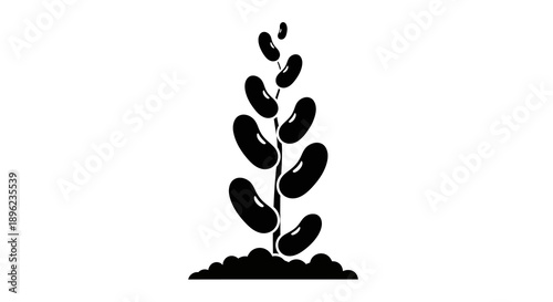 Black silhouette illustration of a plant growing from soil with beans and soybean, symbolizing World Pulses Day, a nutrition event promoting vegetarian food and plant-based nutrition.
