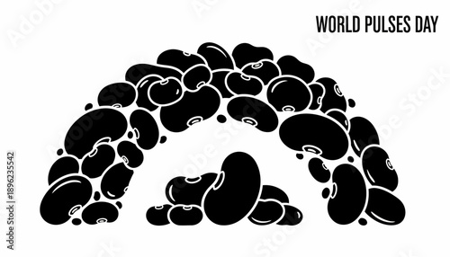 Illustration of a black silhouette arch made from various beans, peanuts, and soybeans, commemorating World Pulses Day with a simple design on a white background.