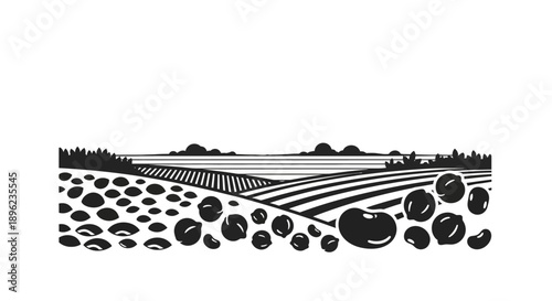 A black silhouette illustration of a field with various pulses, including peanuts, beans, and soybeans, on World Pulses Day, symbolizing nutrition and vegetarian diet.