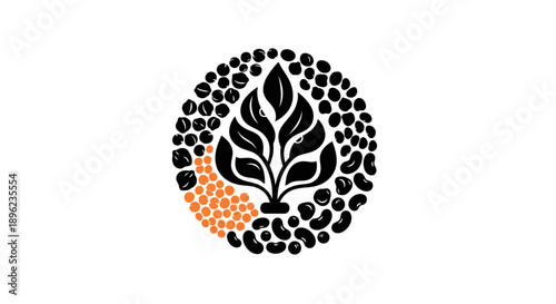 Black silhouette illustration of a plant surrounded by small circles on World Pulses Day, featuring a design with beans, peanuts, and soybeans in a vector format.