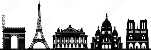 Paris landmark skyline silhouette featuring Arc de Triomphe Eiffel Tower Opera Sacre Coeur and Notre Dame, black flat vector illustration for travel, tourism, and architecture concepts